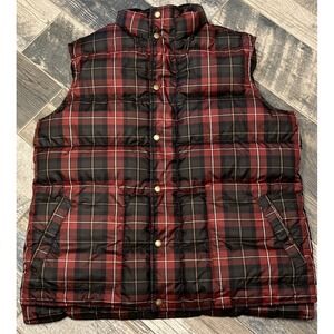 Lands End Down Snap Button Puffer Vest Red Rust Brown Plaid Mens Large 42-44
